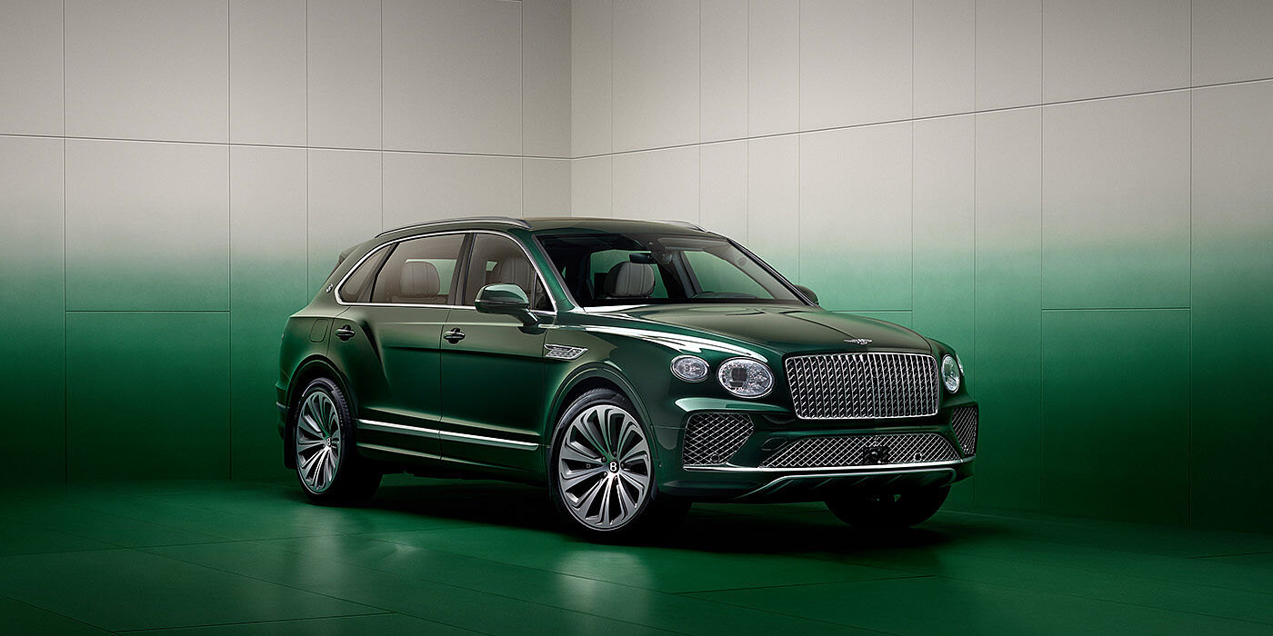 Bentley Phnom Penh Bentley Bentayga Extended Wheelbase SUV in Light Emerald green paint front three quarter in green grey room