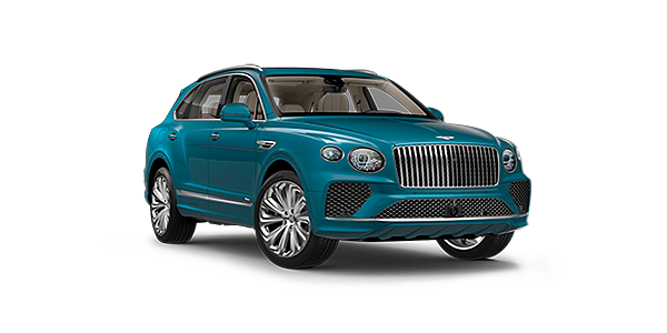 Bentley Phnom Penh Bentayga Azure luxury SUV front three quarter in Topaz Blue by Mulliner paint